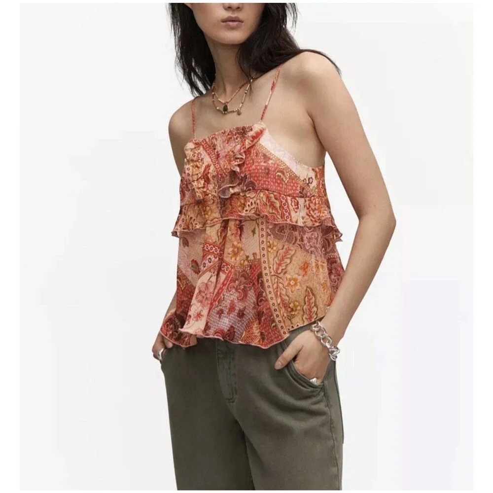 Patchwork Floral Ruffle Tiered Cami Top S MNG Mango Boho Smocked Peplum Summer - Picture 14 of 16